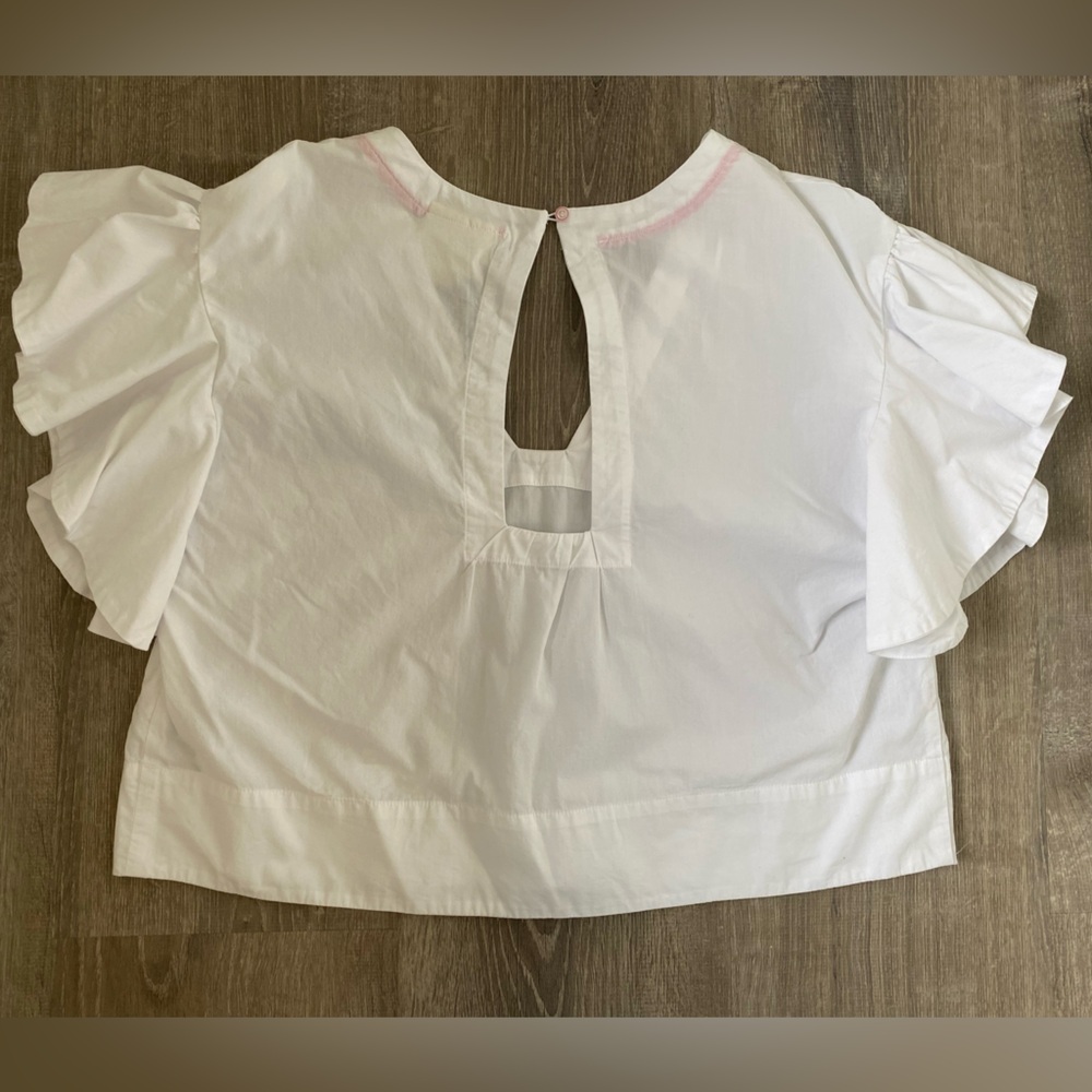Boho Maeve by Anthropologie cropped flutter sleeve v neck whimsical top | size L - Picture 7 of 9